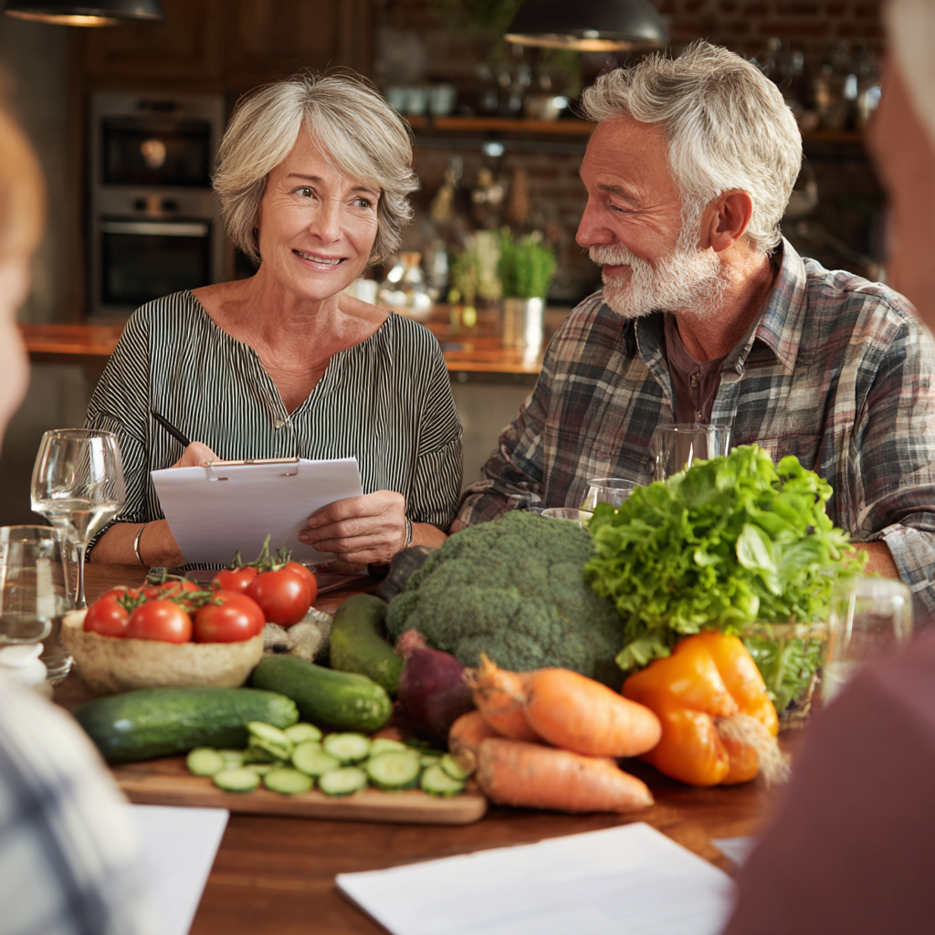 51 years old adults discussing nutrition planning with healthy foods on table