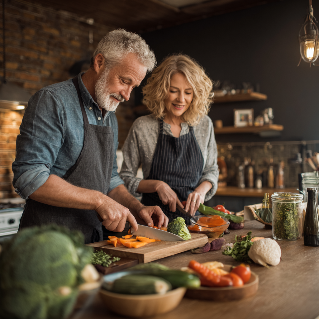 52 years old adults preparing nutritious meals together in modern kitchen