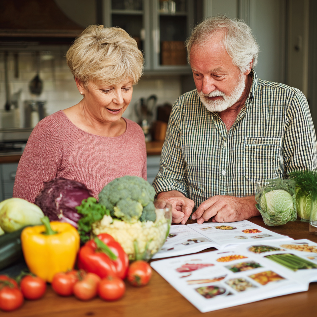 53 years old adults having nutrition consultation with healthy meal plans displayed